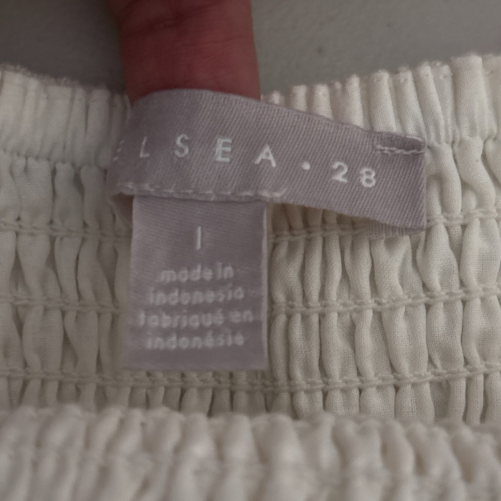 Chelsea 28 Dress L Cream Linen Blend Smocked Tiered Maxi Boho Minimalist Beach - Picture 9 of 12